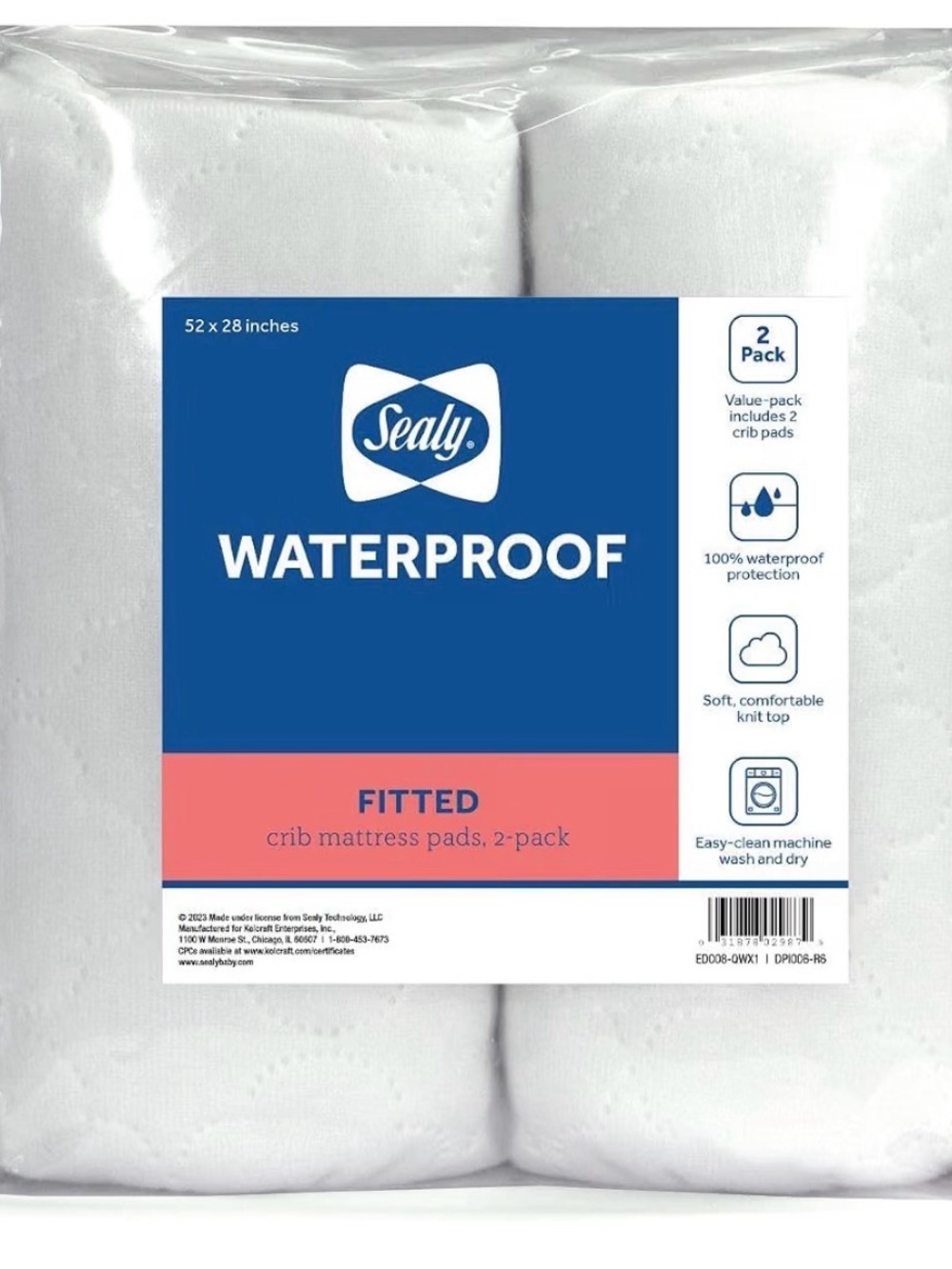 Sealy Waterproof Fitted Crib Mattress Pad - White (2-Pack)